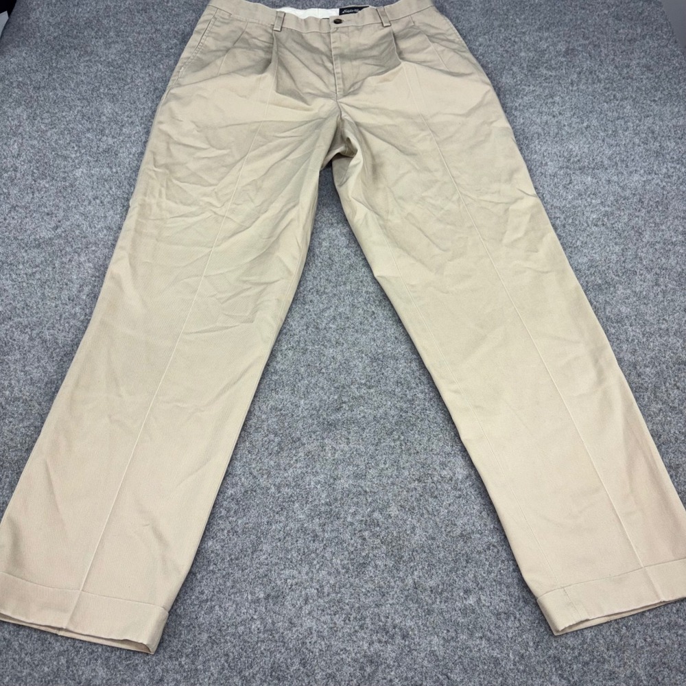 Eddie Bauer Chino Pants Mens 34x34 Khaki Tan Wrinkle Resistant Pleated Cuffed